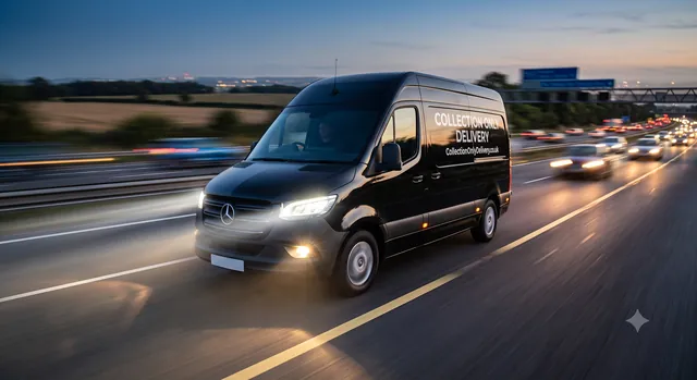 Collection Only Delivery van at speed on a UK motorway at dusk