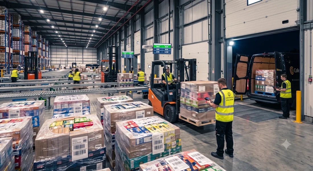 Heavy palletised items being loaded onto a Collection Only Delivery van inside a UK warehouse