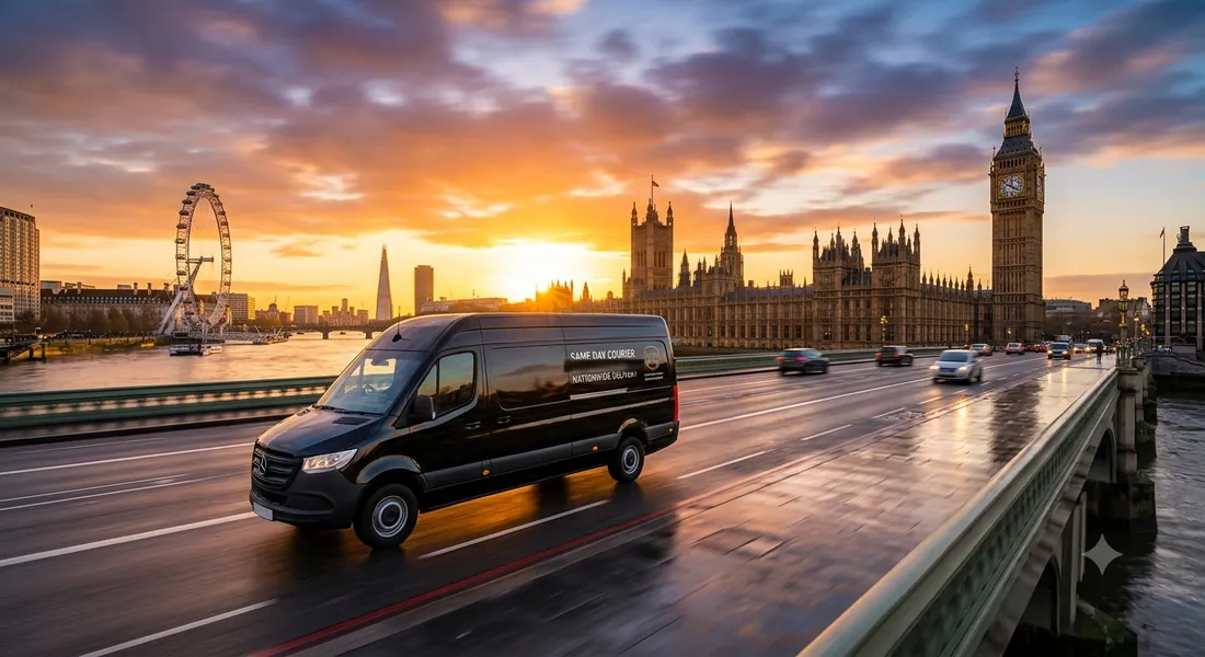 Collection Only Delivery van crossing Westminster Bridge at sunset, Houses of Parliament behind