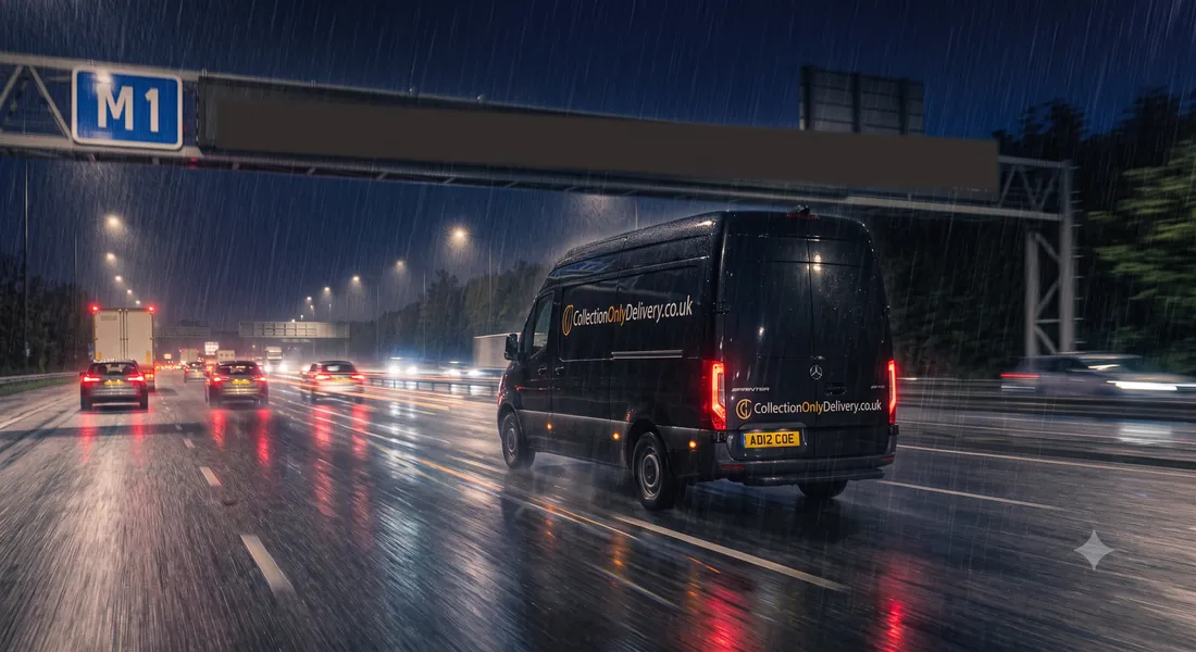 Collection Only Delivery van heading up the M1 motorway at night in the rain