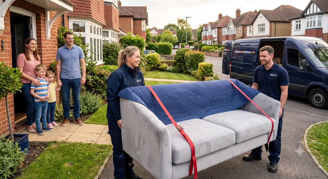 Two Collection Only Delivery crew carrying a blanket-strapped sofa out of a UK family home