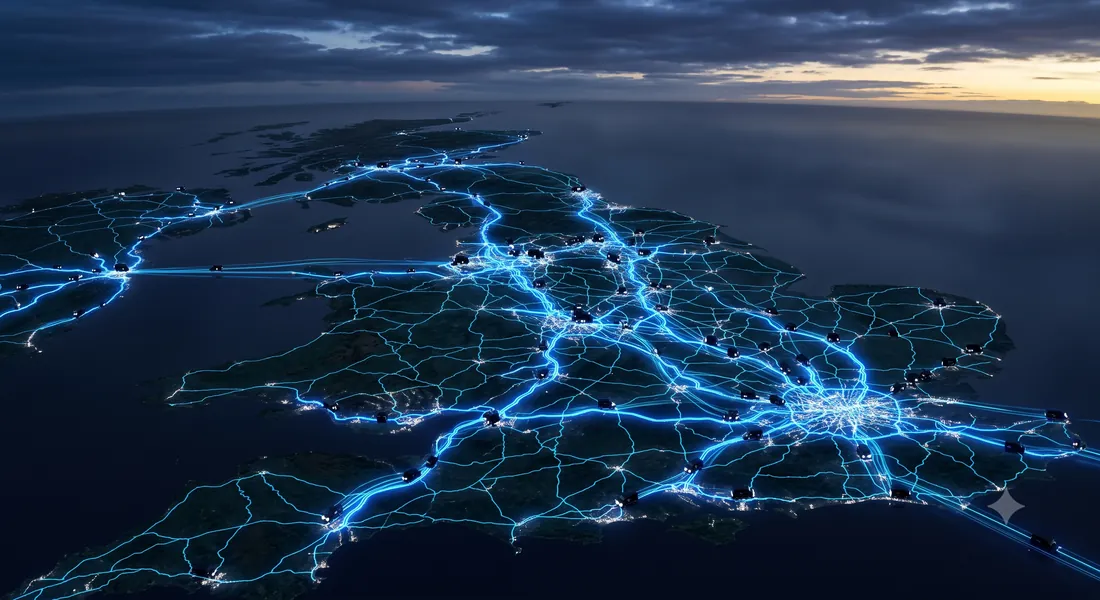 Map of Great Britain at night showing the scheduled delivery route network reaching every mainland postcode area
