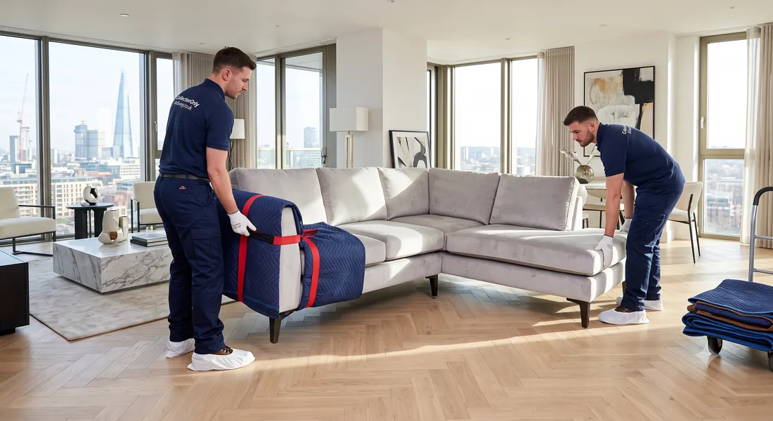 White-glove two-person delivery team positioning furniture in a luxury UK apartment